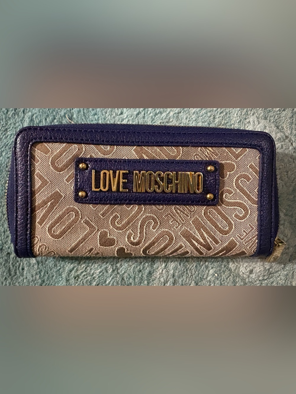 Love Moschino Beige Monogram Wallet with Navy Trim and Gold Logo
